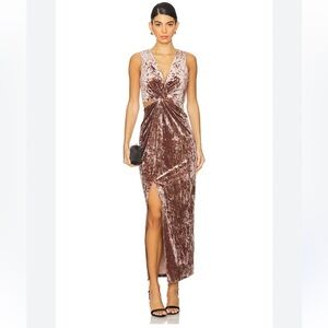 Heartloom Krause Dress Taupe crushed Velvet midi cut out Revolve M